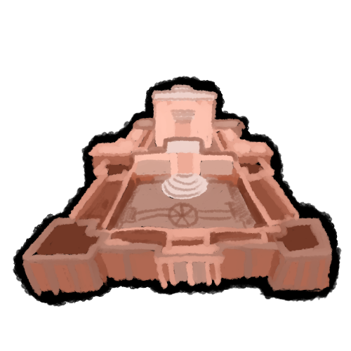 a simple depiction of temple mount in jerusalem in shades of pink. it has stone walls around the outside, a courtyard divided by another stone wall, and a stone temple in the background. there is a thin black band around the border of the image.